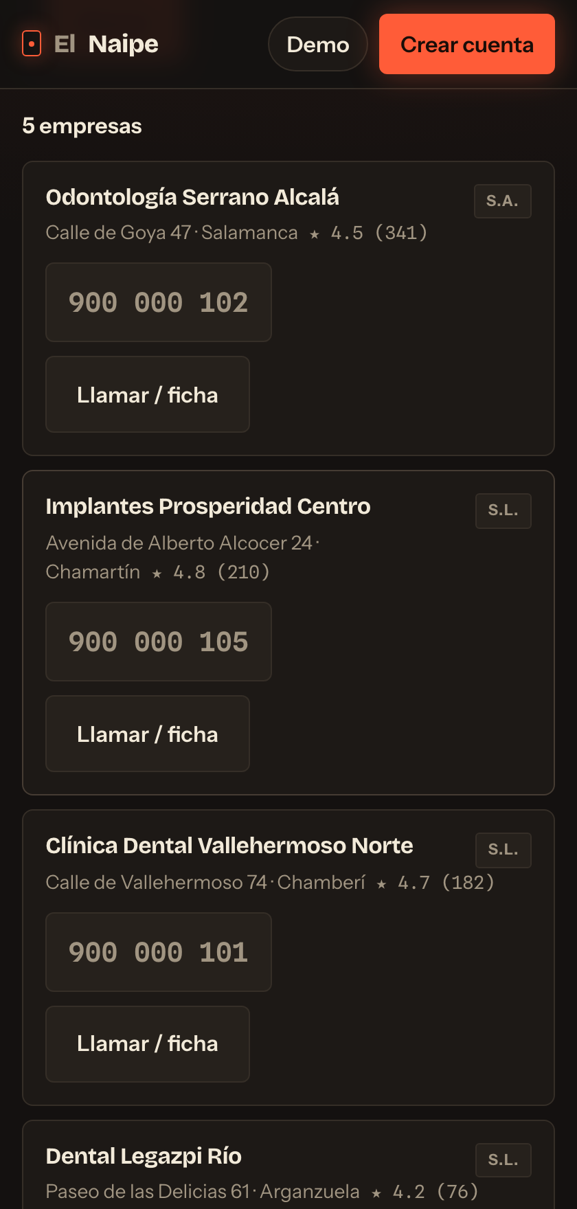 Pantalla de búsqueda de El Naipe: resultados de clínicas dentales en Madrid, cada uno con su distrito, su valoración y un botón de llamar.