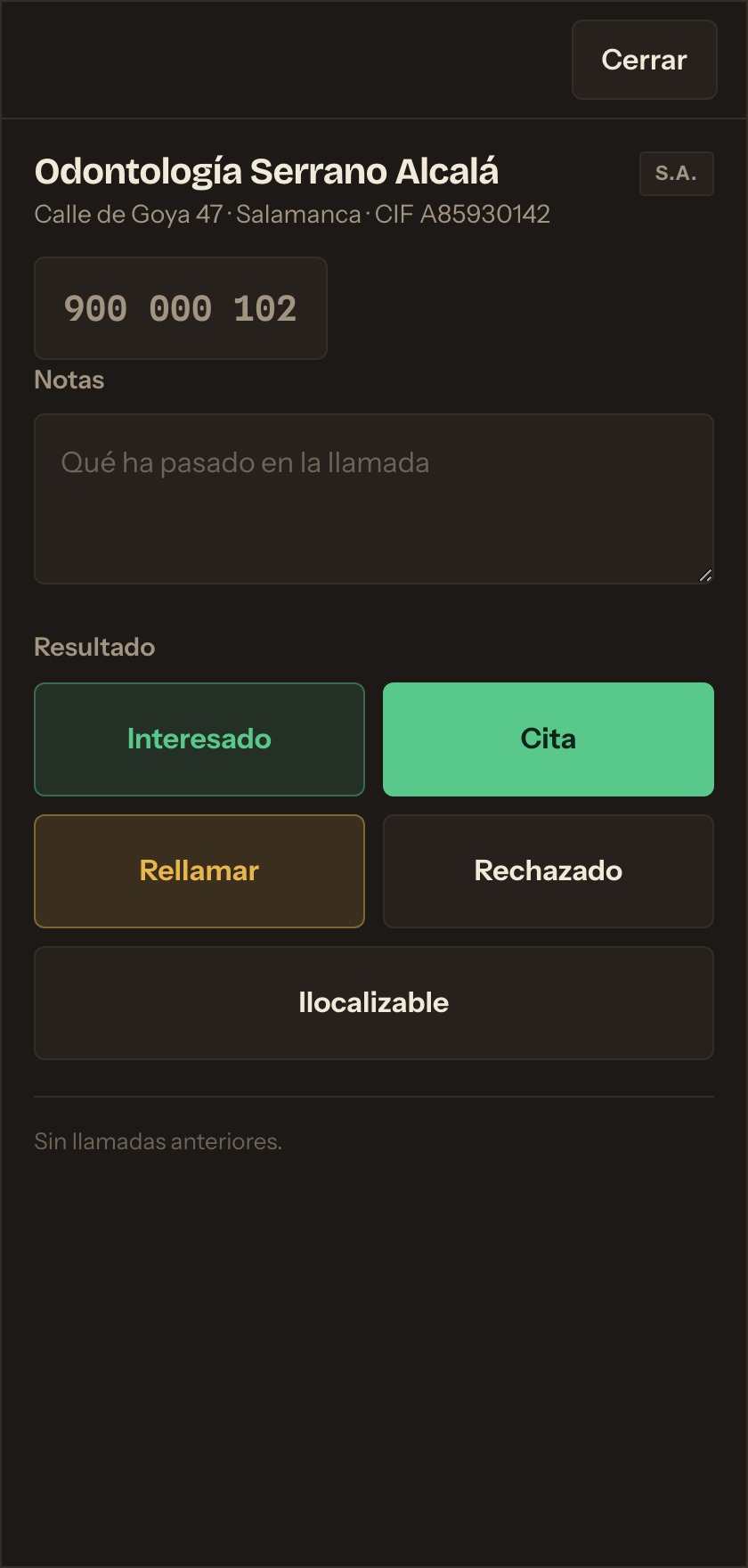 Ficha de una empresa abierta en El Naipe: razón social, CIF, el teléfono en grande y los cinco botones de resultado.